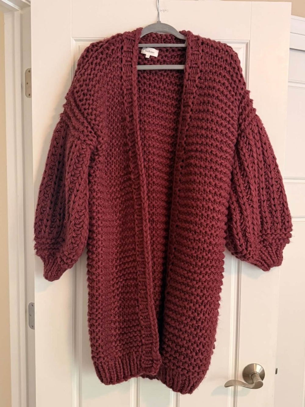 Böhem Maroon Knit Sweater With Puffy Sleeves